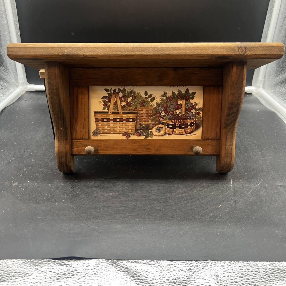 VTG Wood Small Wall Shelf 2 Pegs Basket Picture CottageCore Farmhouse 13" Decor